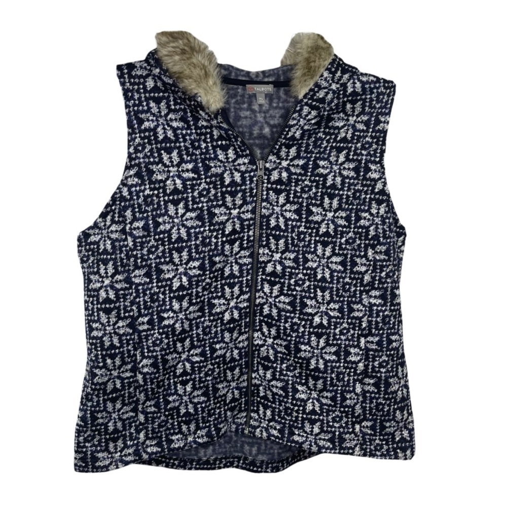 Talbots Petites Women Fair Isle Knit Vest 1x Petite Blue Faux Fur Hood Pockets